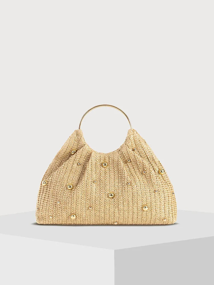 Tas Dames - Gevlochten Zomertas met Gouden Studs en Ring | Casual