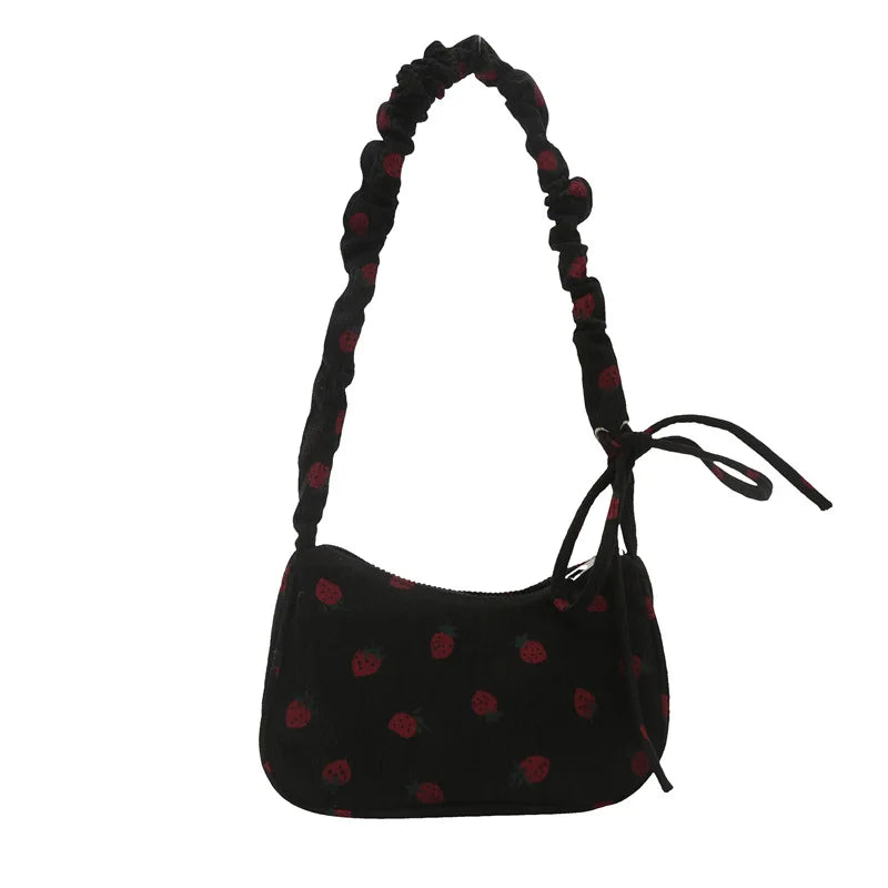 Tas Dames - Mini Hobo Tas met Aardbeienprint en Strikje | Zomer