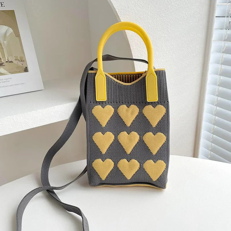 Mini Tas Dames - Gebreide Handtas met Hartjesprint en Riem | Casual