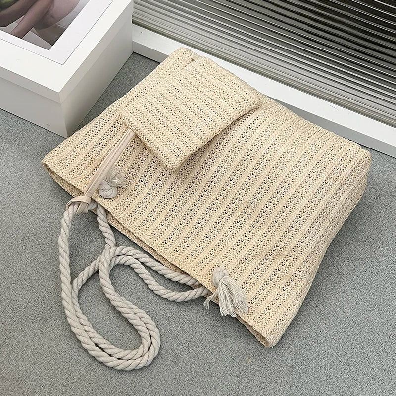 Tas Dames - Gevlochten Shopper met Touwhandvat en Clutch | Zomer