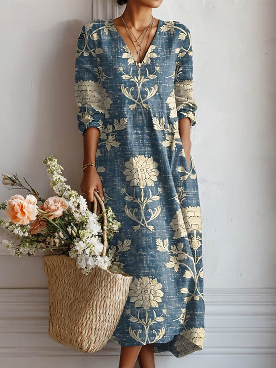 Tess - Vintage Linnen Jurk Dames met V-hals en Lange Mouwen