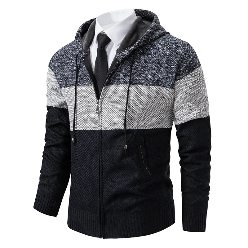 Thijs - Heren Hoodie Gebreid Blokpatroon met Ritssluiting en Fleecevoering