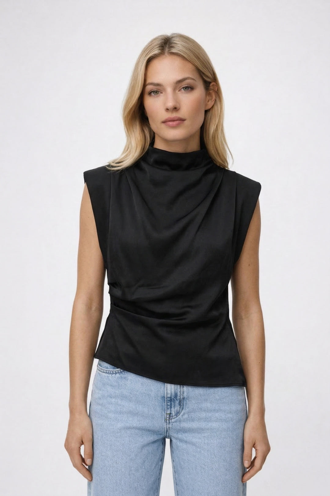 Top Dames - Structurele Hoge Hals met Draperie en Fronces | Chique