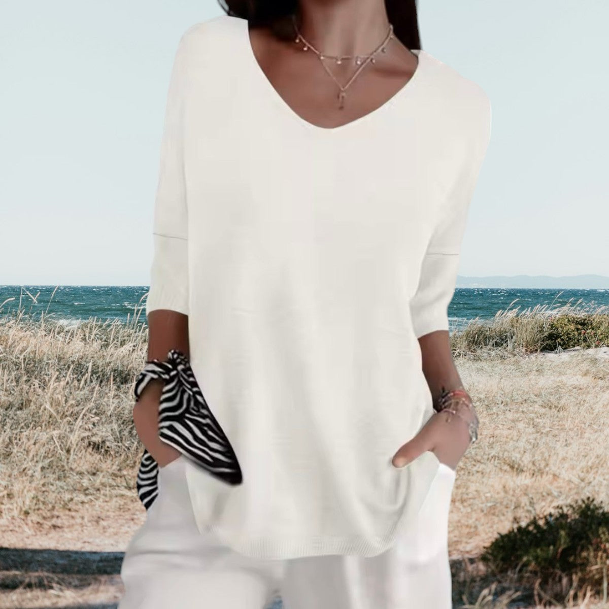 Trui Dames - Oversized V-hals met Driekwart Mouwen | Casual