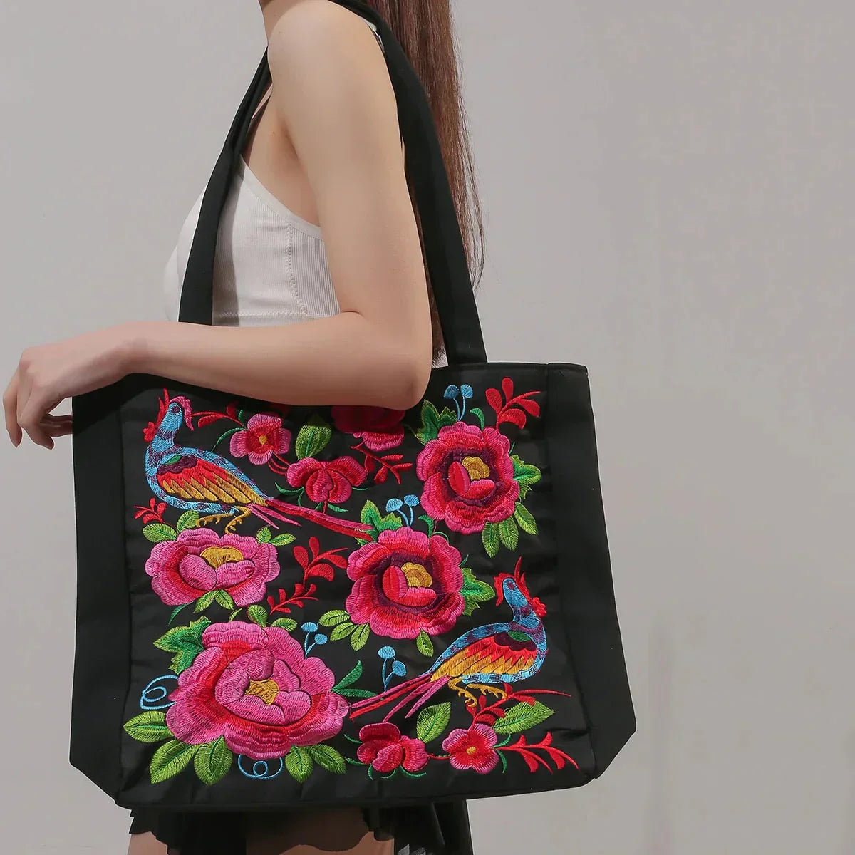 Tas Dames - Ruime Shopper met Geborduurde Bloemen en Vogelmotief | Bohemien