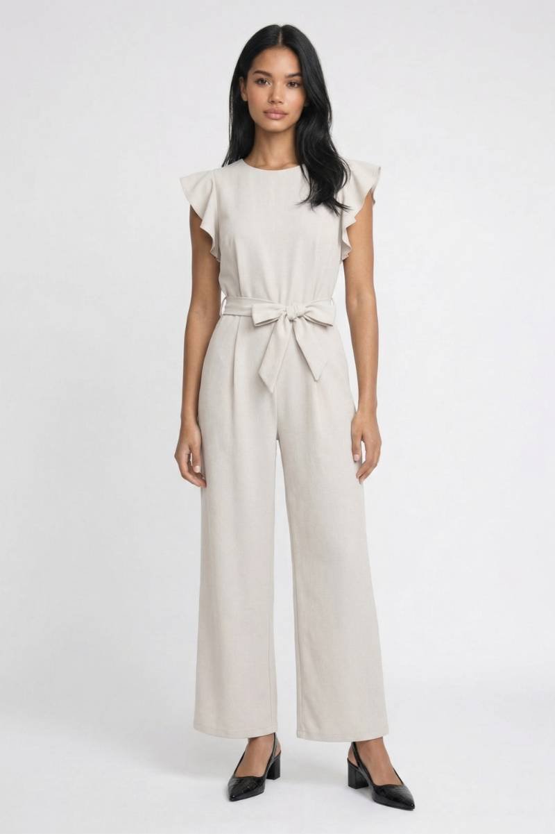 Jumpsuit Dames - Ruffle Mouwen | Met Strikceintuur — Beige