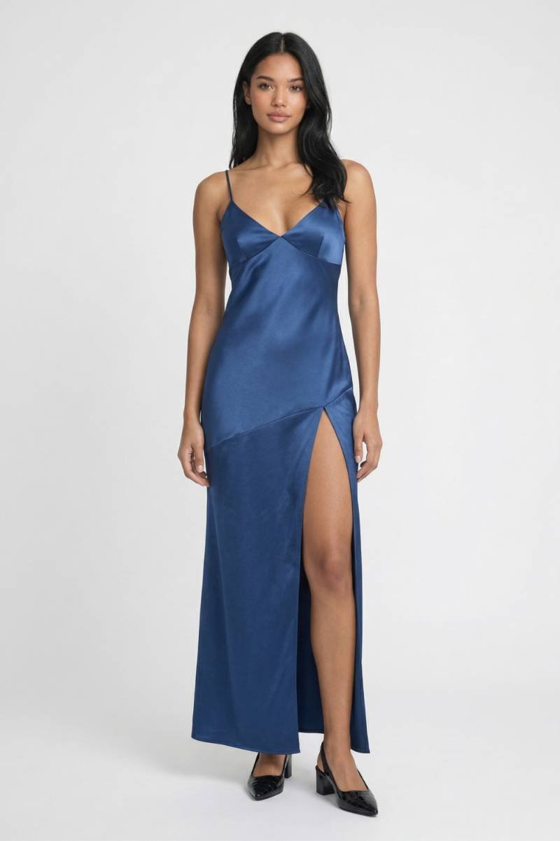 Maxi Jurk Dames - Elegant | Split Detail & Bandjes — Blauw