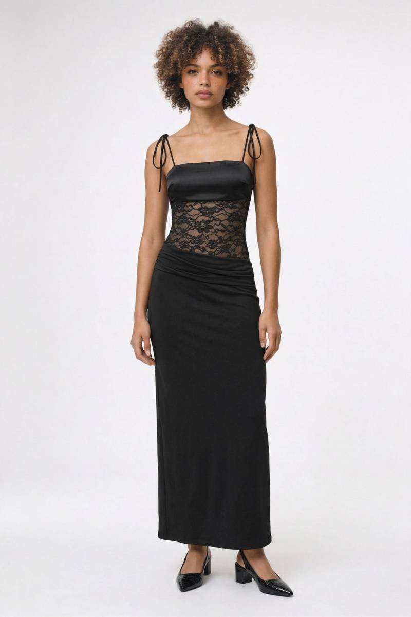 Maxi Jurk Dames - Strikbandjes | Kanten Middenpand & Getailleerd - Zwart