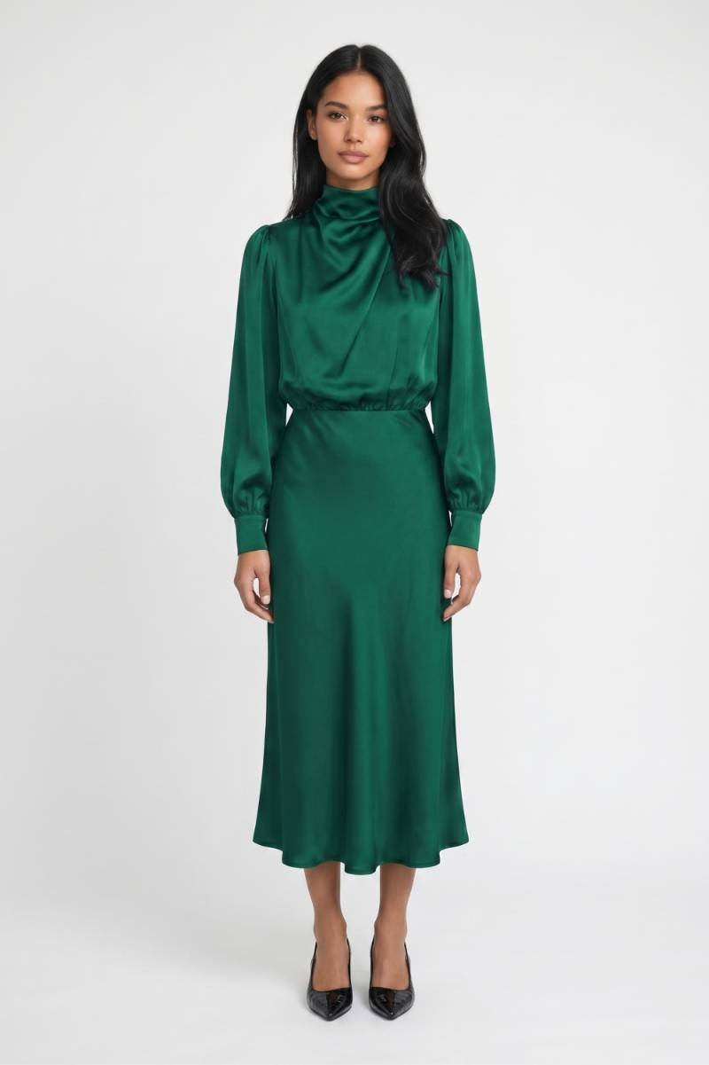 Midi Jurk Dames - Elegant | Ballonmouwen met Turtleneck — Groen