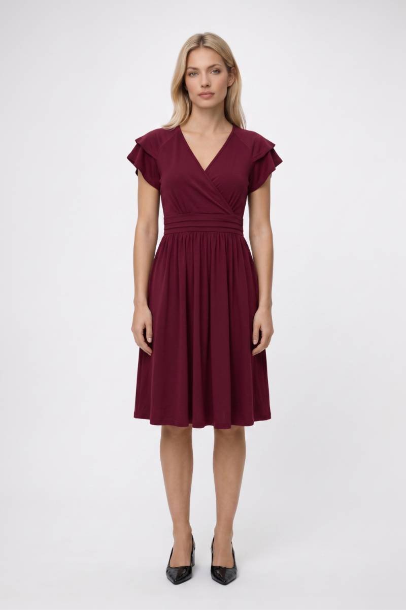 Midi Jurk Dames - Elegant | V-hals met Volant Mouwtjes — Wijnrood