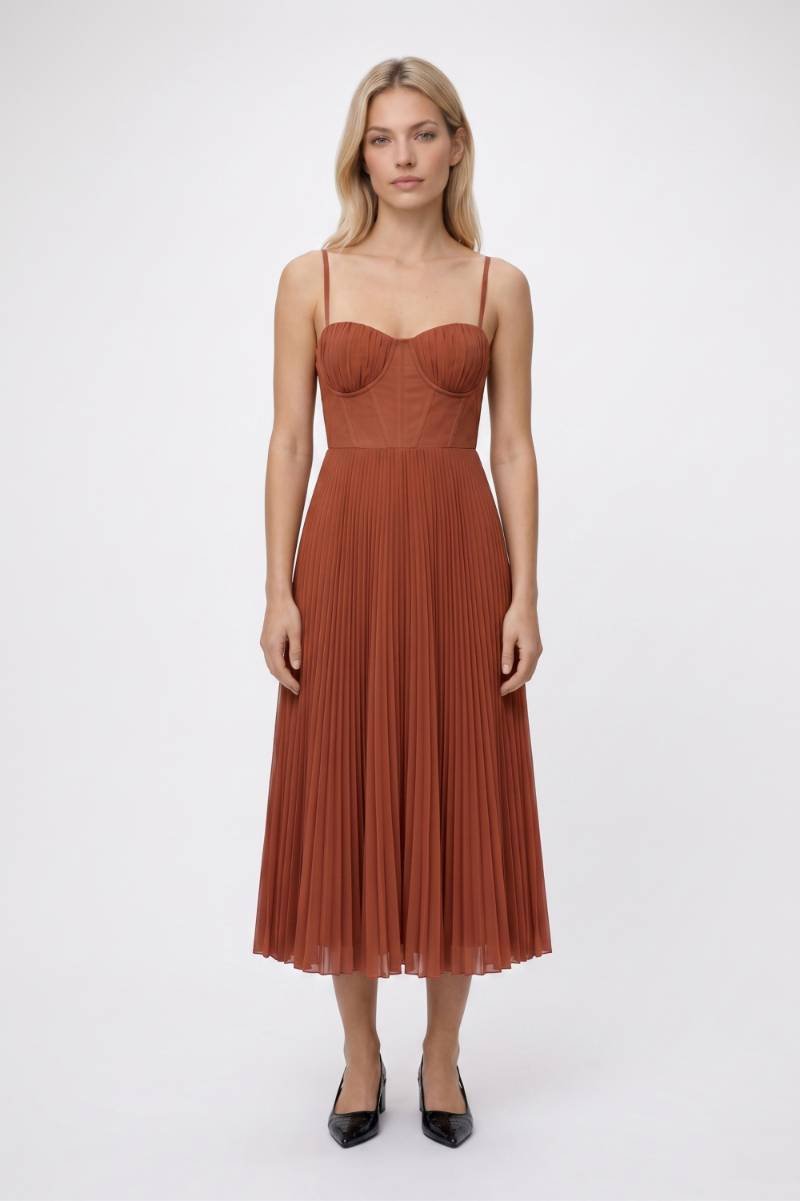 Midi Jurk Dames - Geplisseerd | Bandeau Top met Spaghetti Bandjes — Terracotta