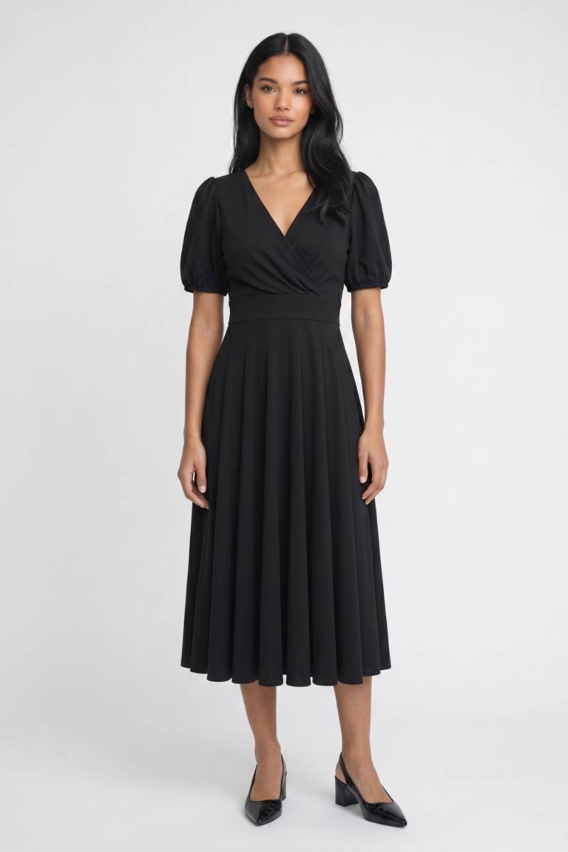 Midi Jurk Dames - Pofmouwen | V-Hals met Overslag Detail — Zwart