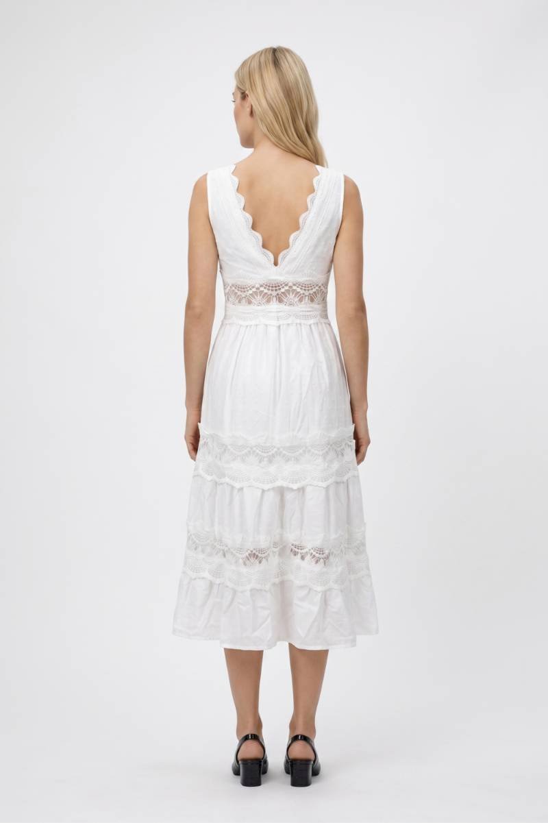 Midi Jurk Dames - Romantisch | Kant Details met V-Hals — Wit