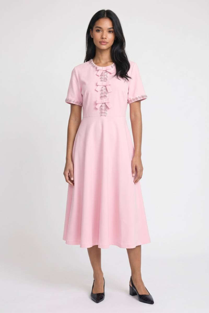 Midi Jurk Dames - Romantisch | Strikdetail met Korte Mouwen
