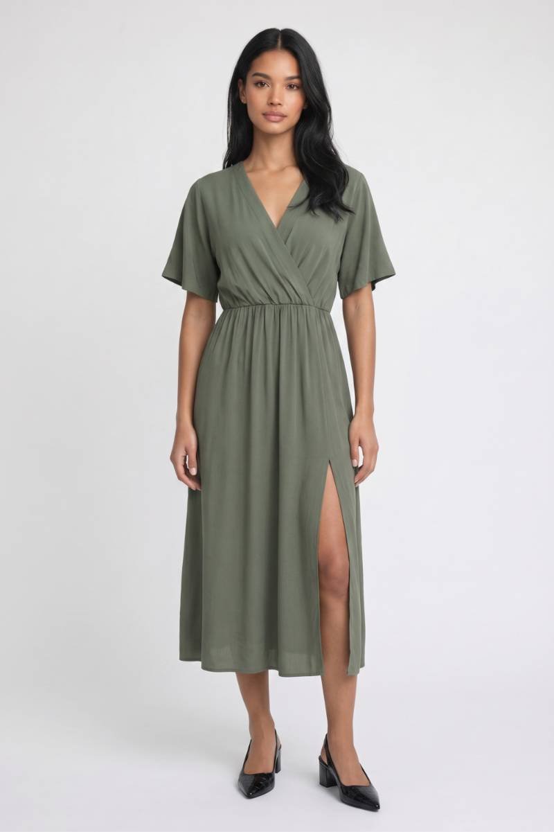 Midi Jurk Dames - Wikkel Stijl | V-hals met Split — Olijfgroen