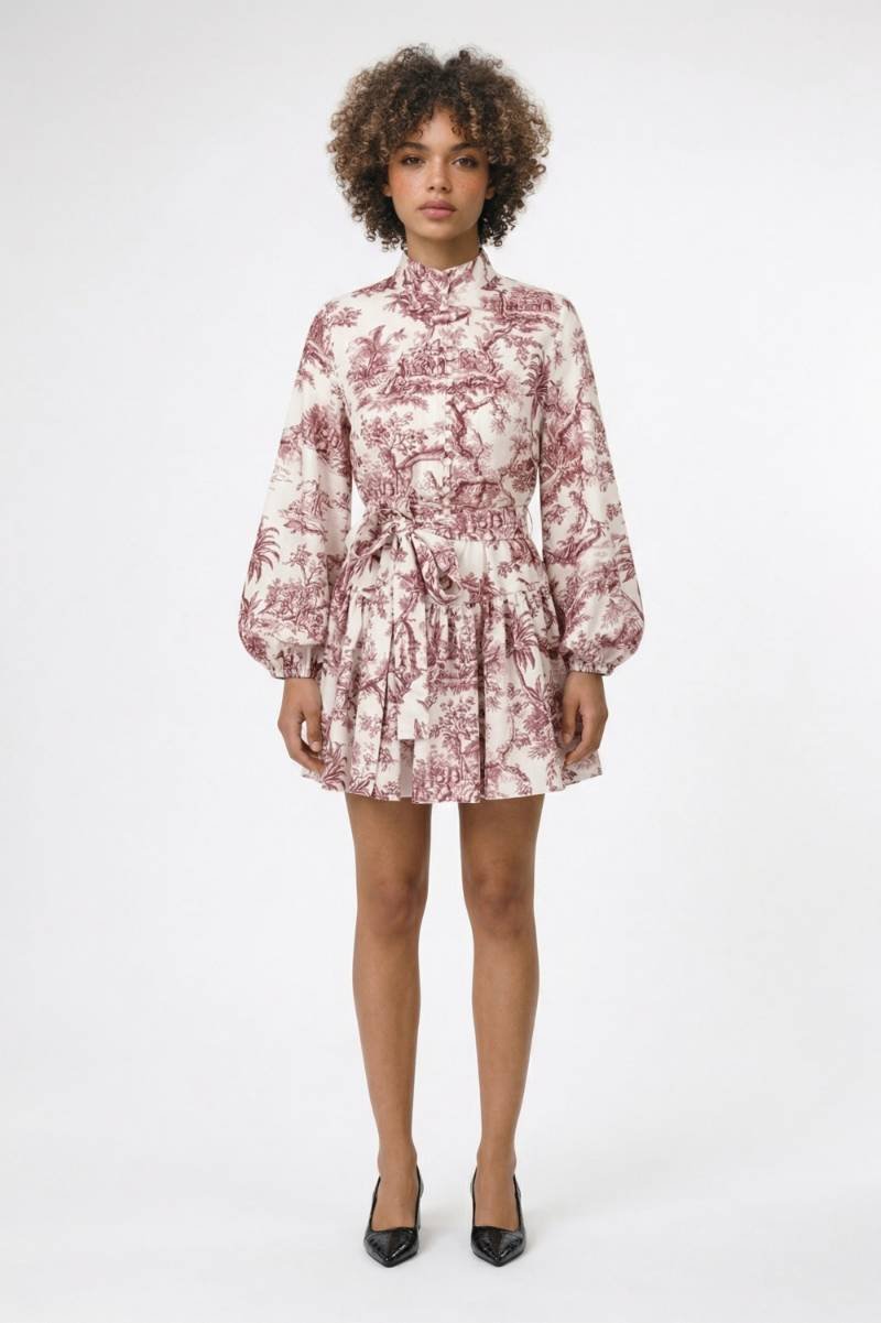 Mini Jurk Dames - Vintage Print | Strikceintuur — Roze Print
