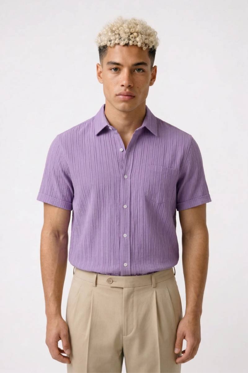 Overhemd Heren - Gestreept Casual | Korte Mouwen - Lavendel