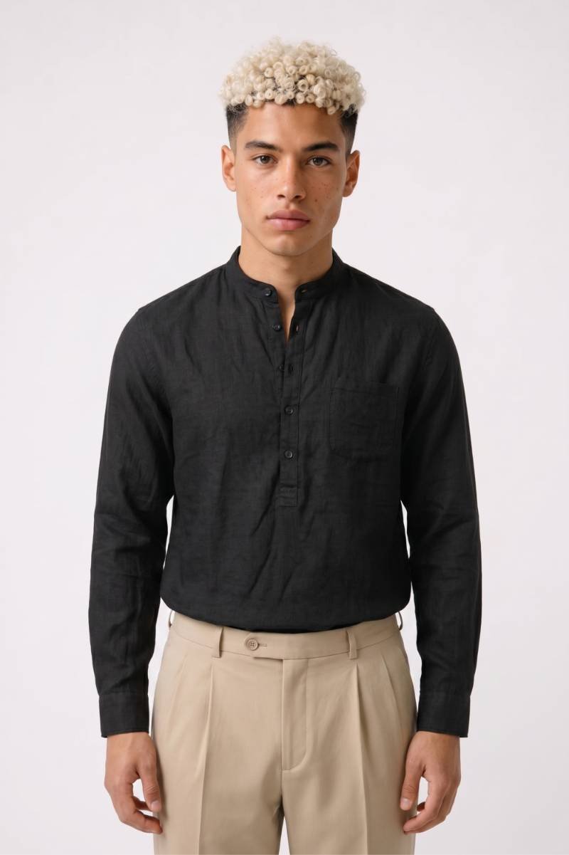Overhemd Heren - Henley Stijl | Staande Kraag met Knoopsluiting — Zwart