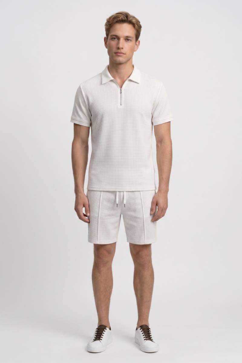 Set Heren - Polo & Short Casual | Wafelstructuur — Lichtgrijs