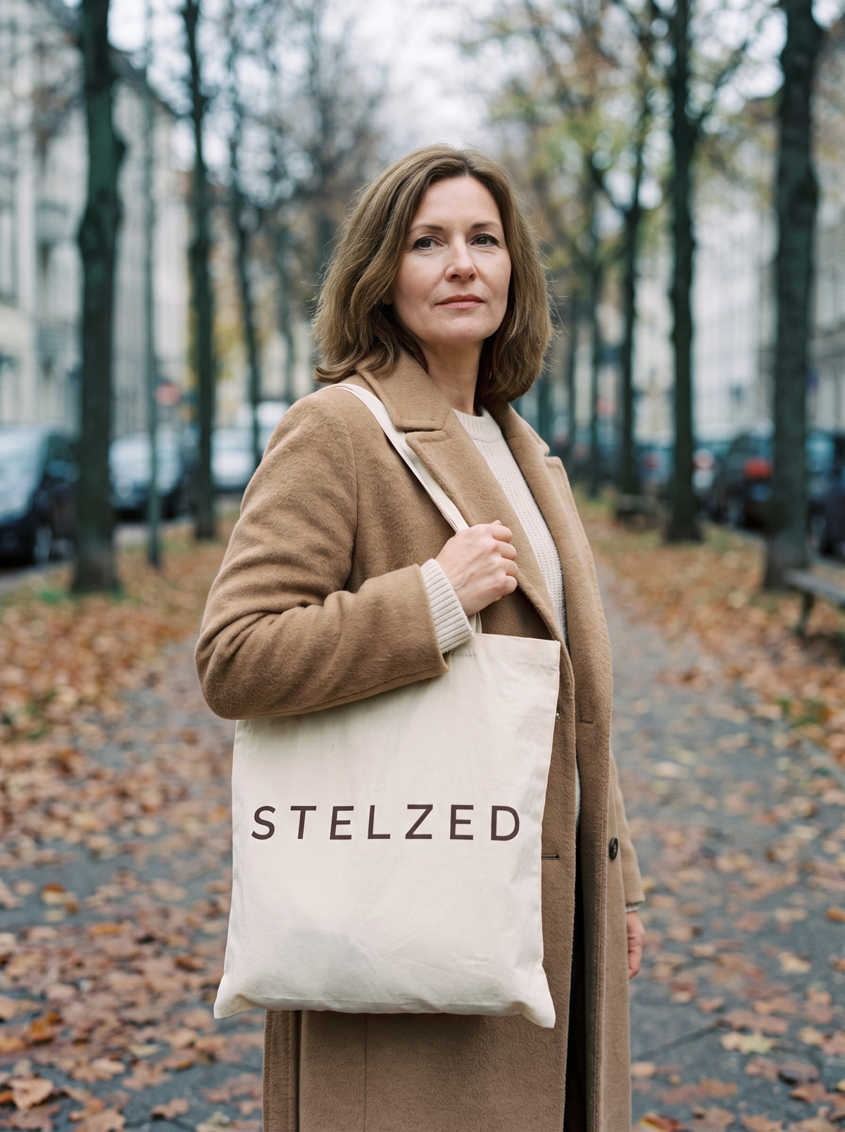 Stelzed herfst hero mobiel, vrouw met STELZED-tote