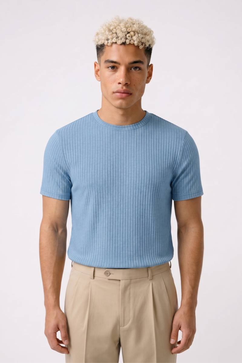 T-shirt Heren - Geribbeld Aansluitend | Modern Design — Lichtblauw