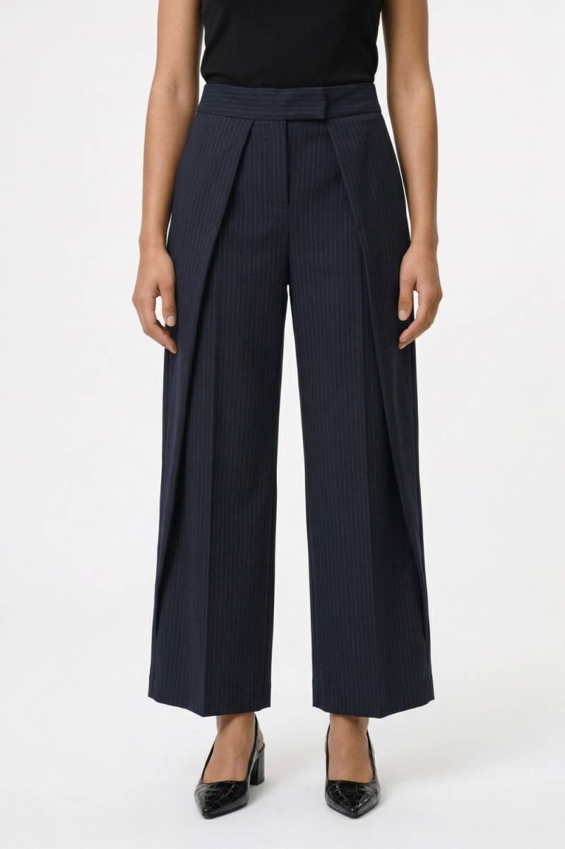 Wijde Broek Dames - Elegant | Hoge Taille met Strikceintuur — Gestreept Navy
