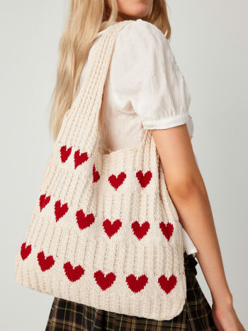 Tas Dames - Gebreide Shopper met Hartjesprint en Dubbele Hengsels