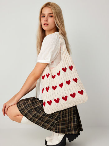 Tas Dames - Gebreide Shopper met Hartjesprint en Dubbele Hengsels