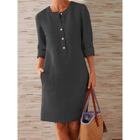 Midi Jurk Dames - Driekwart Mouwen met Knopen | Casual