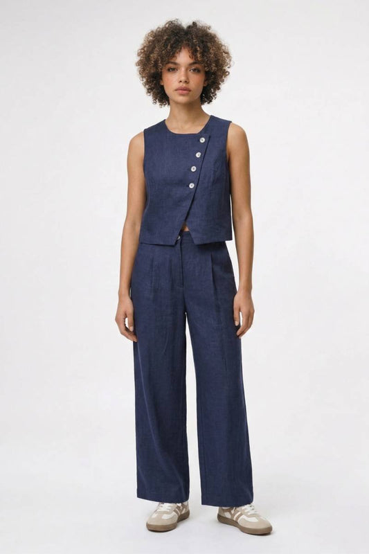 2-Delige Set Dames - Asymmetrisch | Vest met Wijde Pantalon