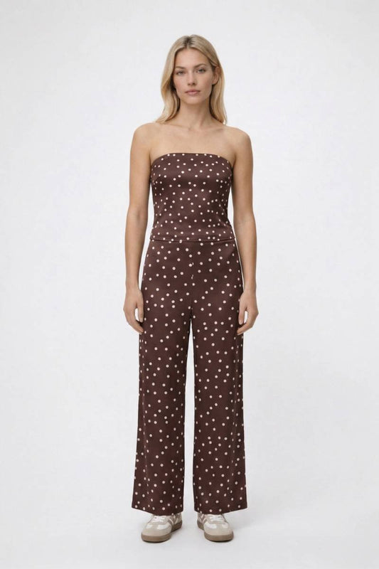 2-Delige Set Dames - Strapless | Bandeau Top met Wijde Broek — Stippen Bruin