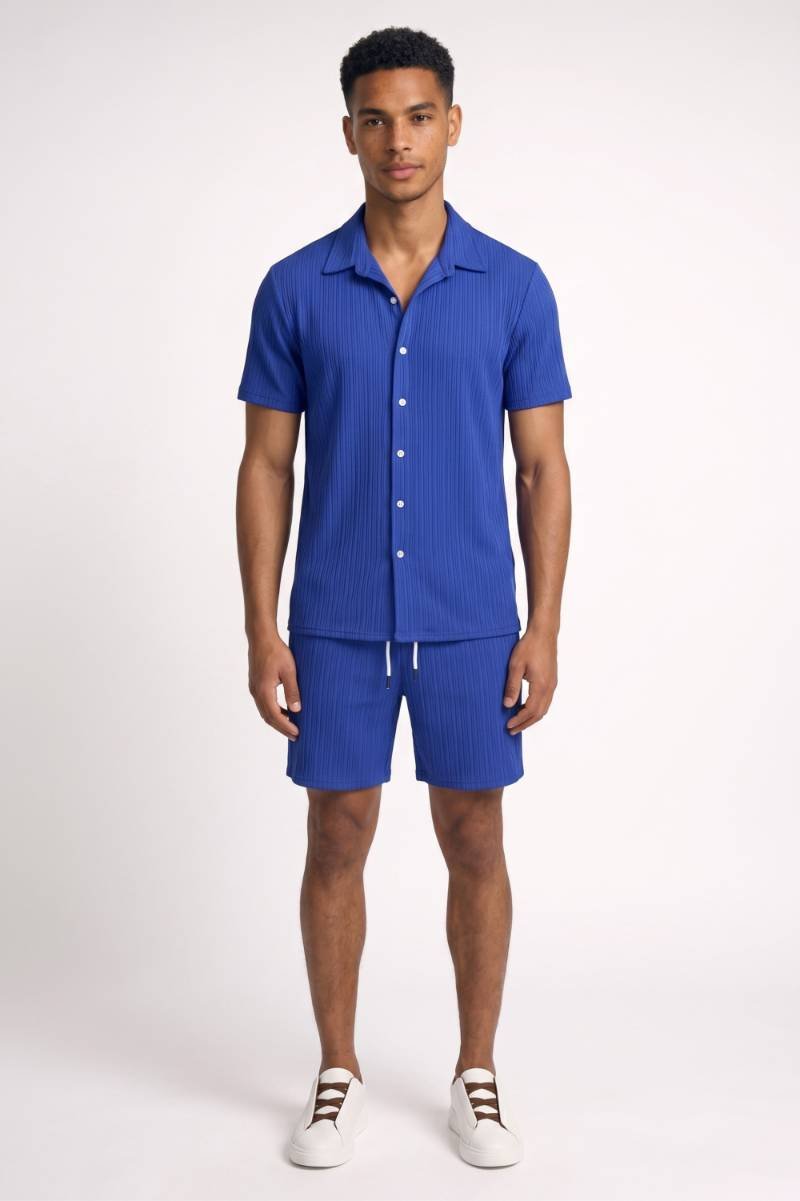 2-Delige Set Heren - Gestreept | Overhemd met Korte Broek — Blauw