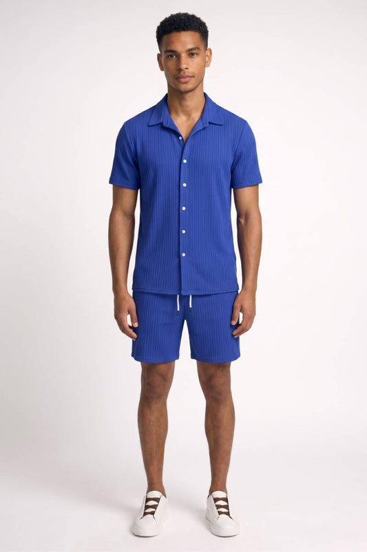 2-Delige Set Heren - Gestreept | Overhemd met Korte Broek — Blauw