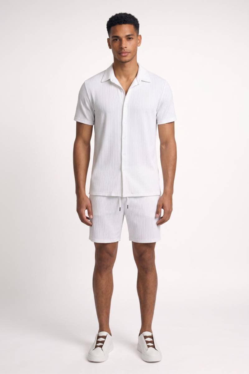 2-Delige Set Heren - Gestreept | Overhemd met Korte Broek — Wit