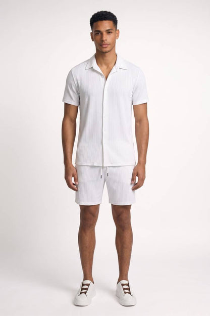 2-Delige Set Heren - Gestreept | Overhemd met Korte Broek — Wit