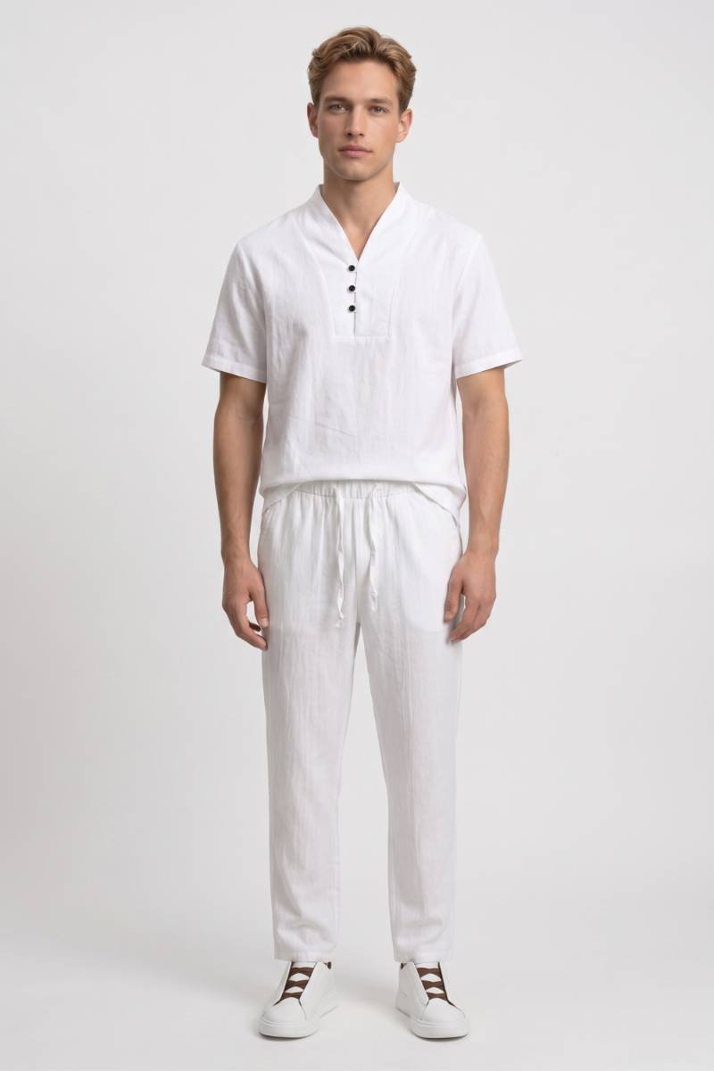 2-Delige Set Heren - Henley | Top met Trekkoord Broek — Wit