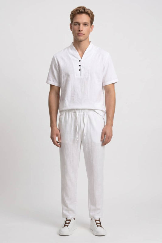 2-Delige Set Heren - Henley | Top met Trekkoord Broek — Wit