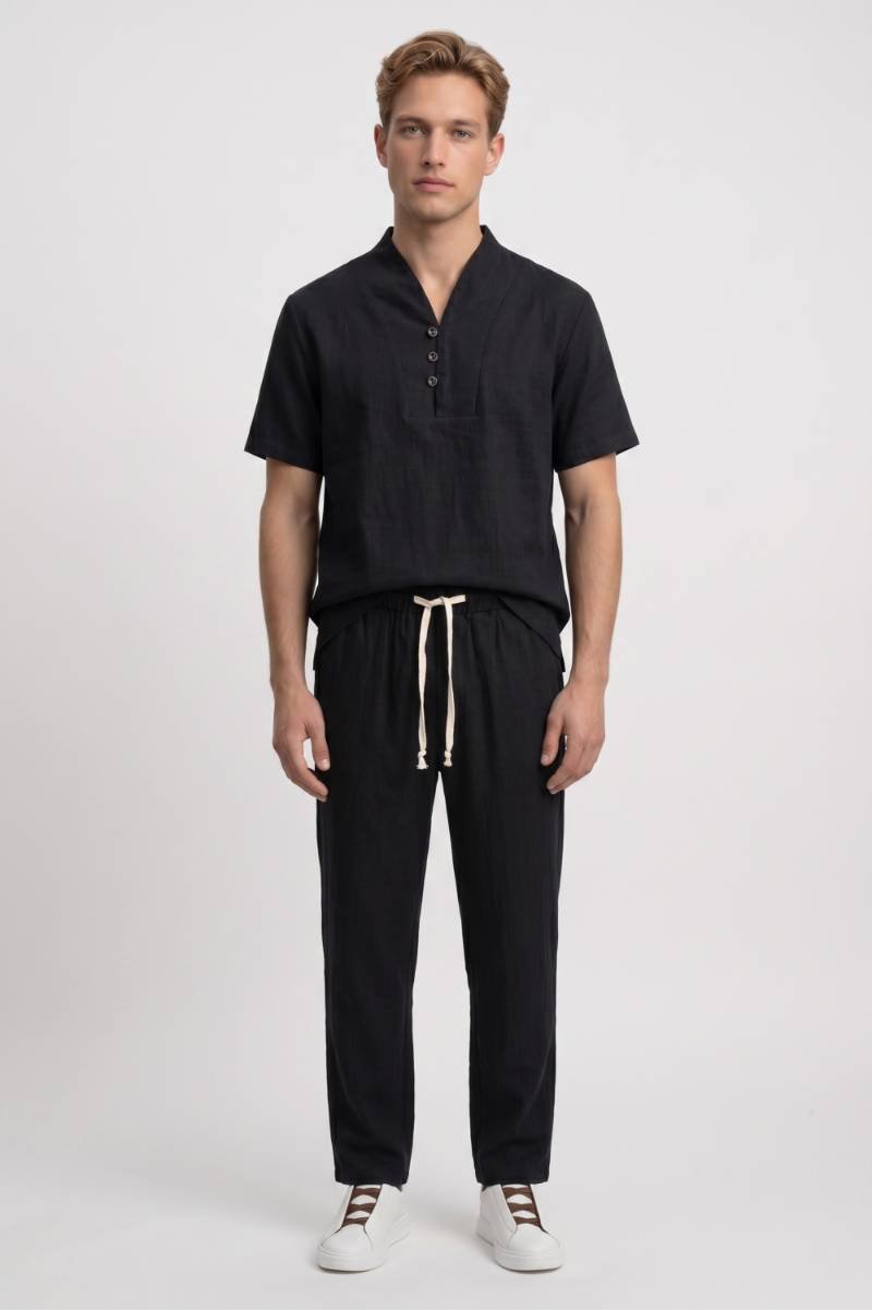 2-Delige Set Heren - Henley | Top met Trekkoord Broek — Zwart
