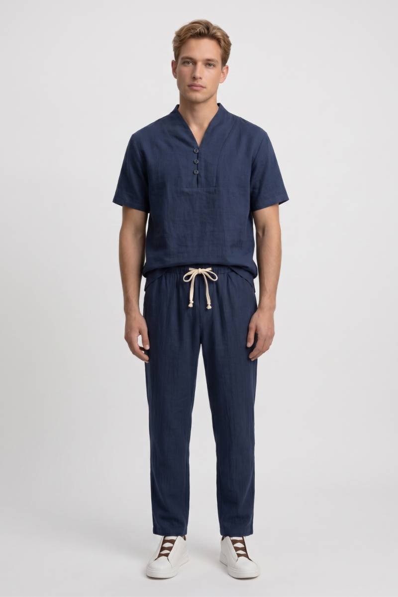 2-Delige Set Heren - Henley | Top met Trekkoord Broek — Navy
