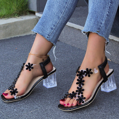 Sandalen Dames - Transparante Hak met Bloemendetail | Zomer