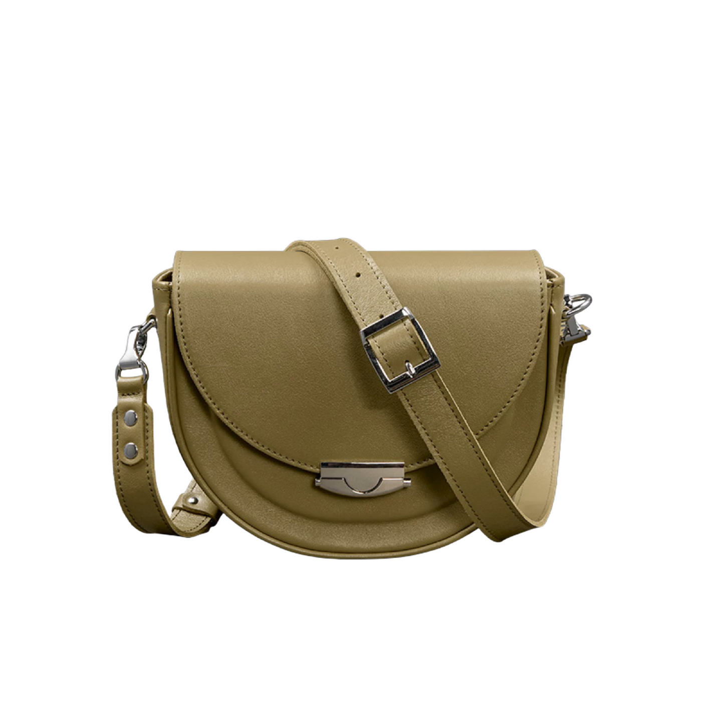 Tas Dames - Ronde Saddle Crossbody met Zilver Drukslot en Brede Band | Chic
