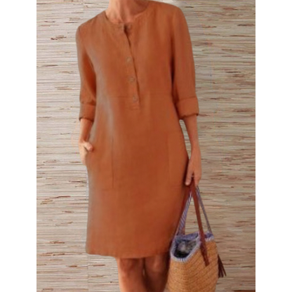 Midi Jurk Dames - Driekwart Mouwen met Knopen | Casual