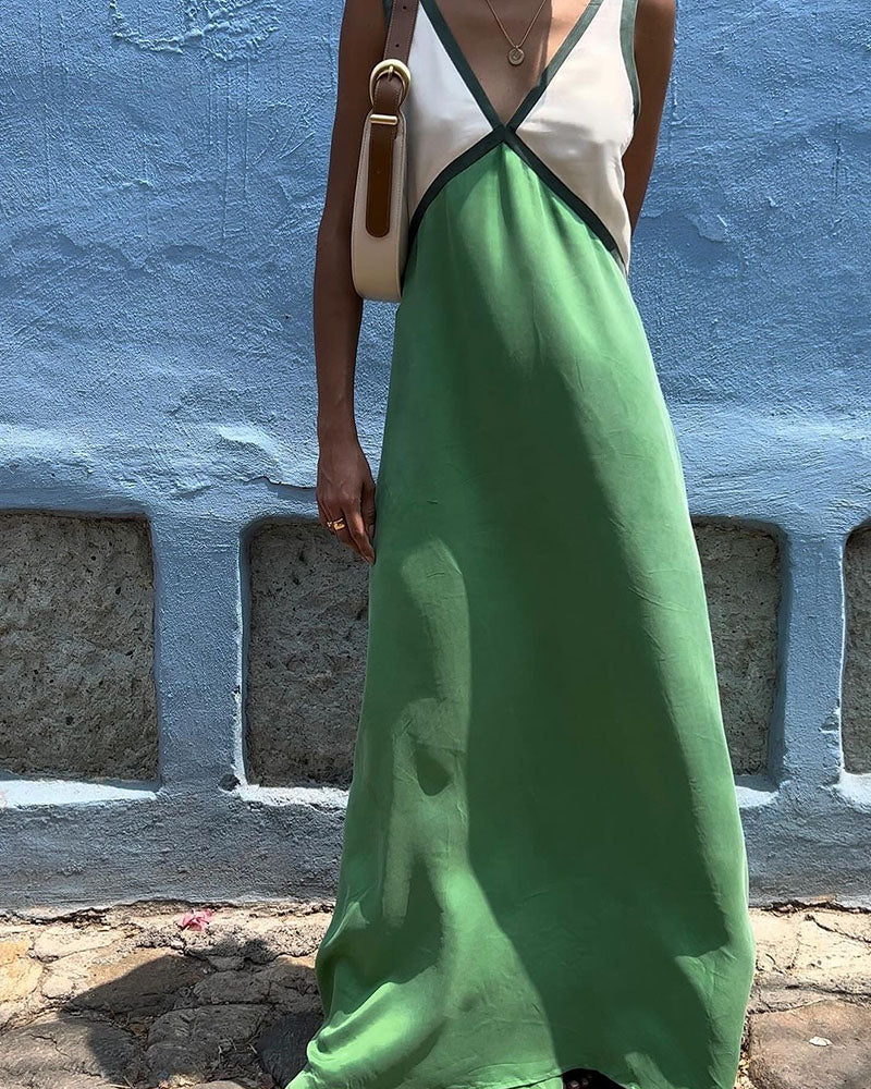 Maxi Jurk Dames - Kleurblok met Diepe V-hals | Zomer