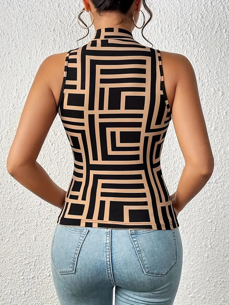 Top Dames - Mouwloze Top met Opstaande Kraag en Grafische Print | Zomer