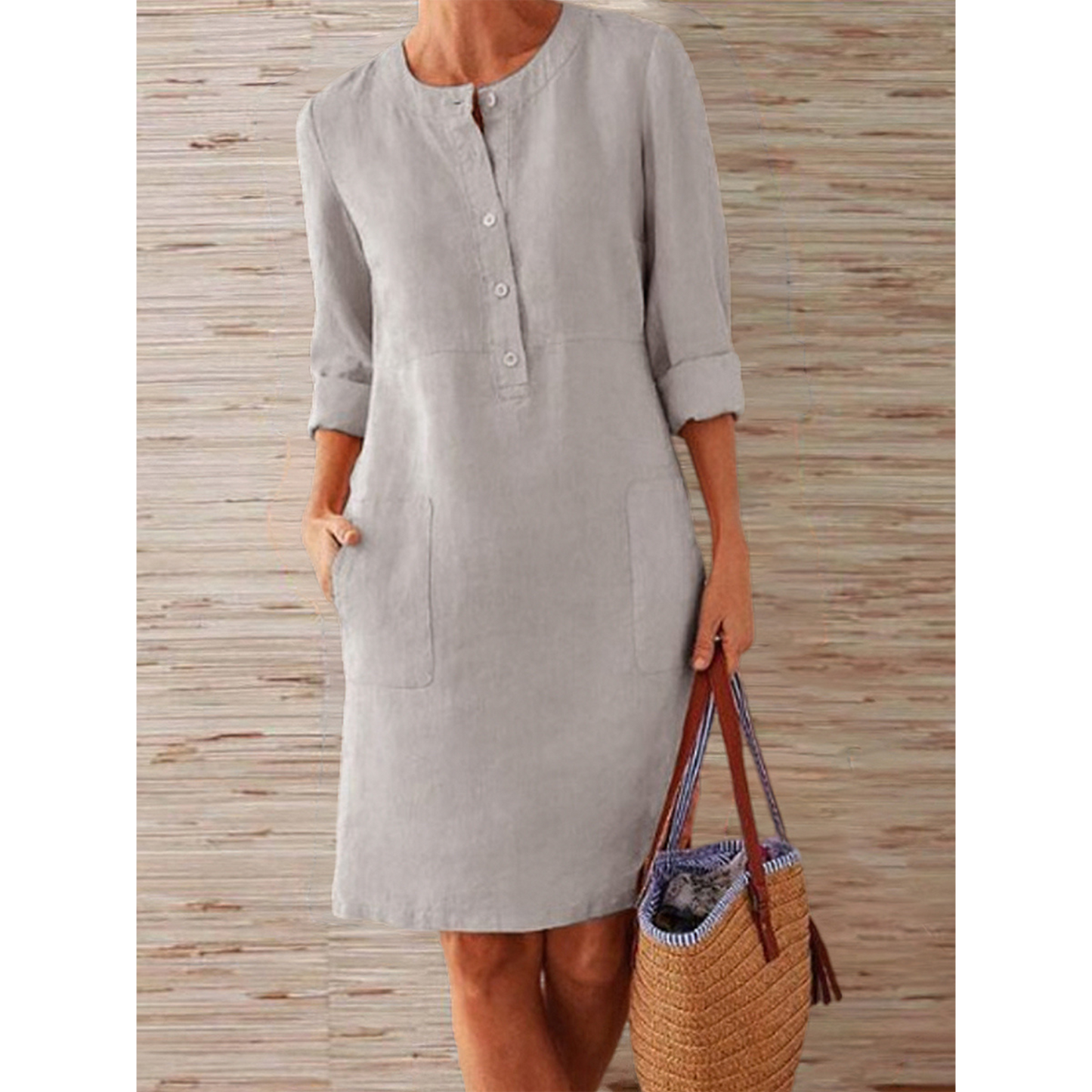 Midi Jurk Dames - Driekwart Mouwen met Knopen | Casual