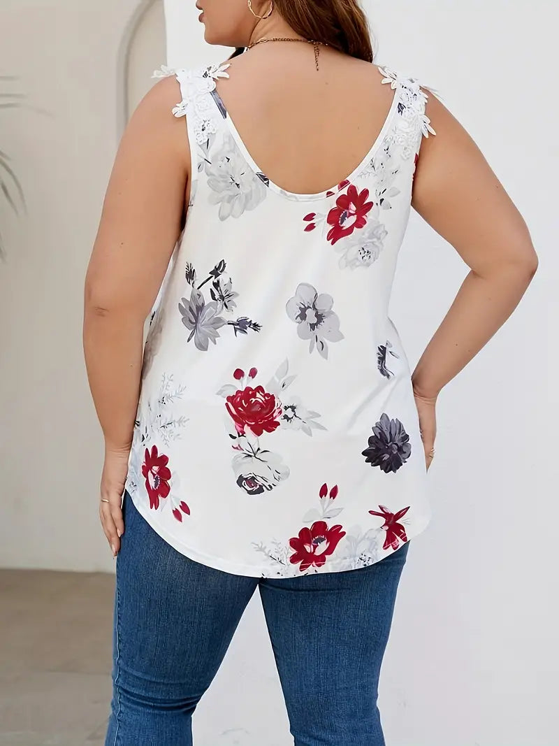 Top Dames - Mouwloze Blouse met Bloemenprint en Kant Detail | Zomer
