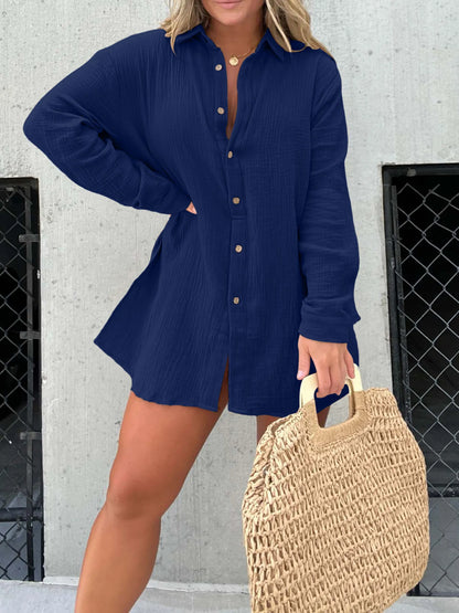 Blouse Dames - Oversized Lange Blouse met Kraag en Knopen | Zomer