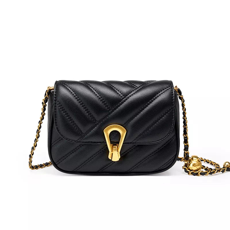 Tas Dames - Gestikt Mini Flaptas met Gouden Ketting en Slot | Chic