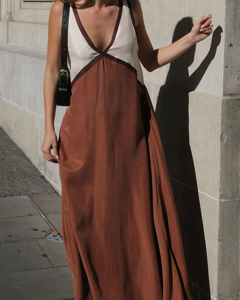 Maxi Jurk Dames - Kleurblok met Diepe V-hals | Zomer