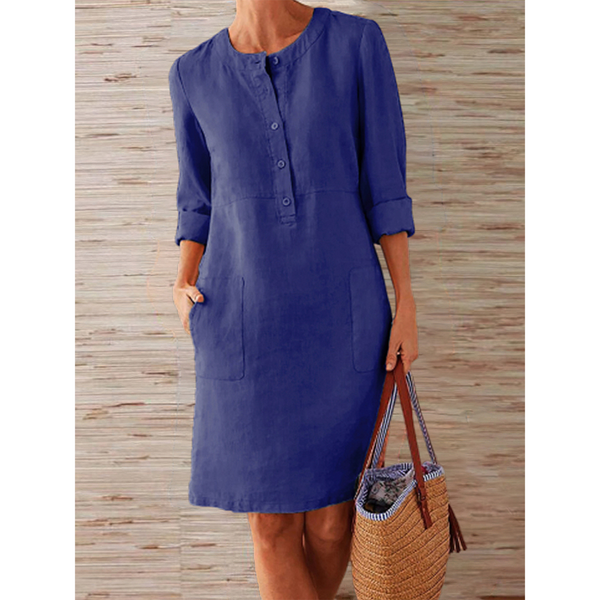 Midi Jurk Dames - Driekwart Mouwen met Knopen | Casual